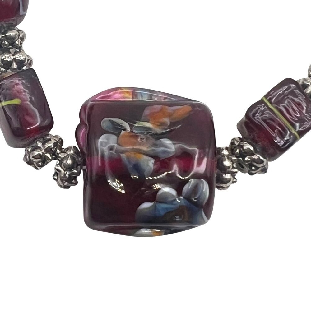 Handcrafted Glass Beads Bracelet Silver-Tone Accents Toggle Clasp Floral 6.25" - Picture 3 of 11